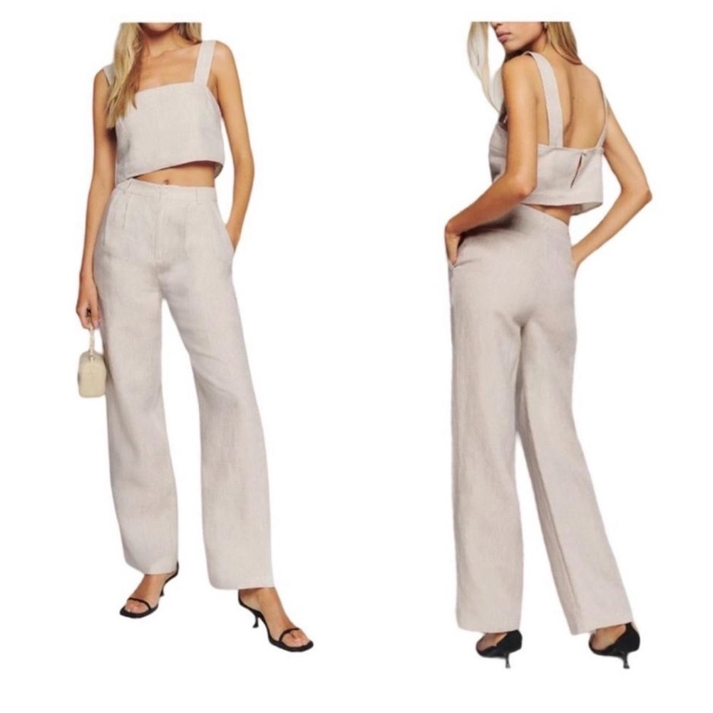 Reformation Beige Linen‎ Crop Tank and Wide-Leg Pants Set